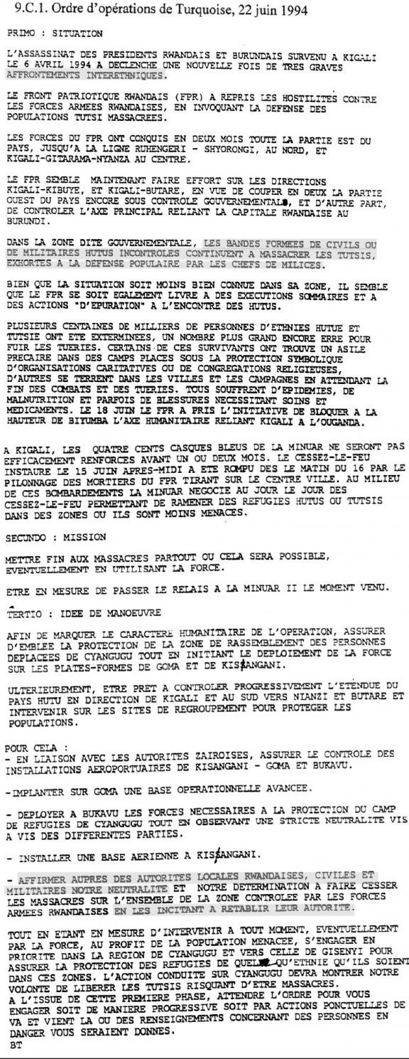 Implication française dans le génocide au Rwanda : Document 18 : ordre d’opérations de Turquoise, 22 juin 1994 (Survie)