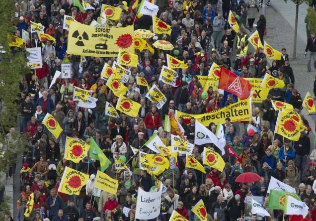 Tens of thousands protestors march through the government district during a demonstration against nuclear power in Berlin on Saturday. Photo: AP. Tens of thousands protestors march through the government district during a demonstration against nuclear power in Berlin on Saturday. Photo: AP.