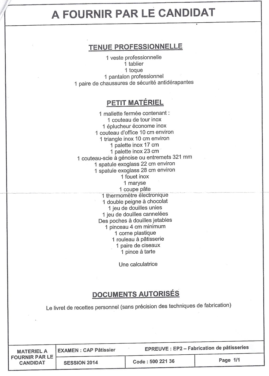CAP Pâtissier : liste du matériel pour l'examen - Mallette