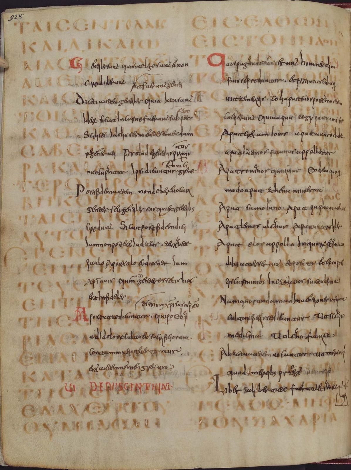 Palimpseste : le codex Guelferbytanus 64 (texte clair) contient des chants sacrés en grecs, sous une biographie d'Isidore de Séville en latin (texte sombre).