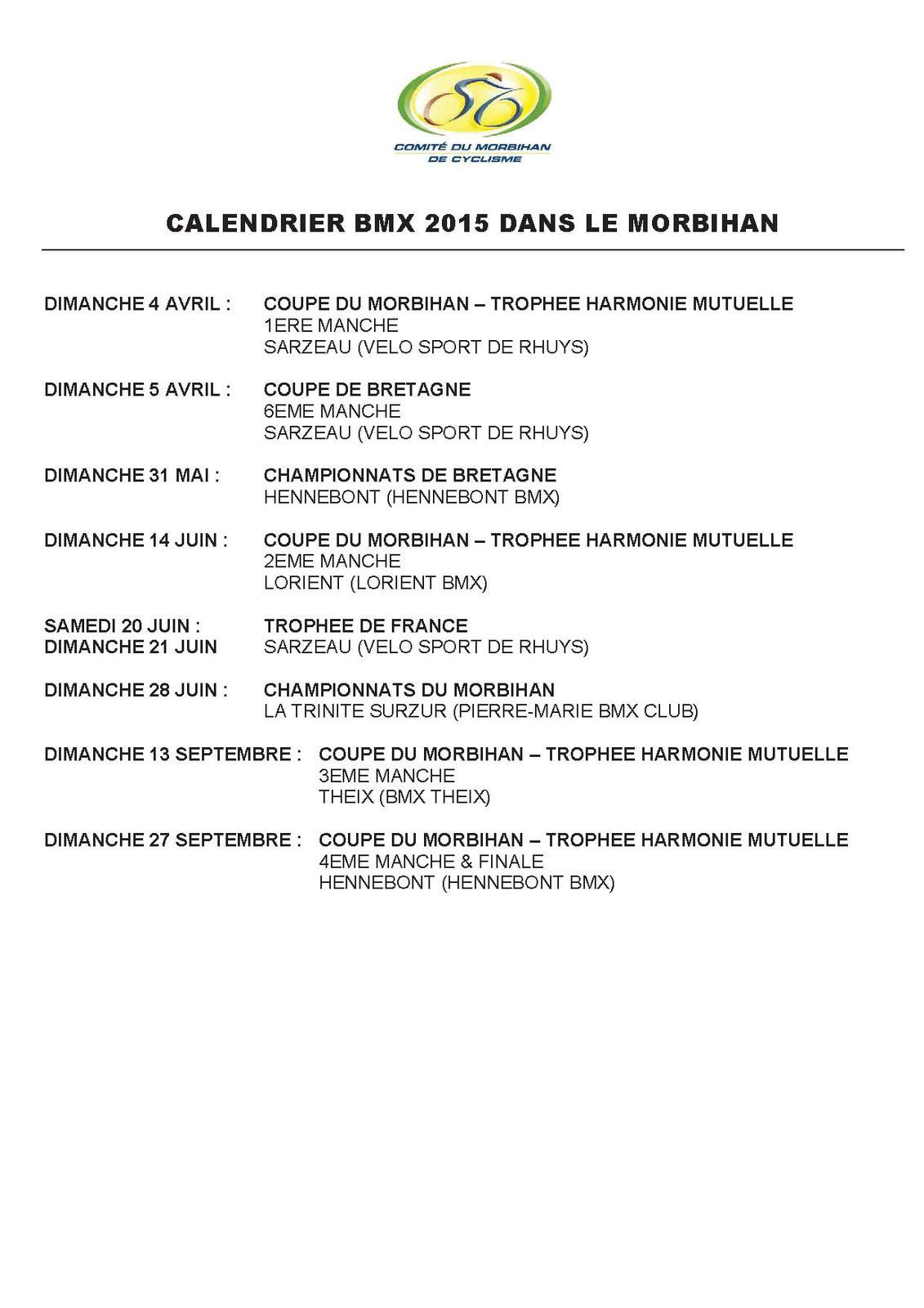 CALENDRIER COURSES MORBIHAN 2015