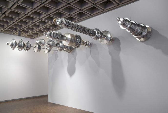 Terry Adkins, Aviarium, 2014. Steel, brass, aluminum, and silver, dimensions variable (installation view, Whitney Museum of American Art, New York). Estate of Terry Adkins; courtesy Salon 94, New York. Photograph by Bill Orcutt