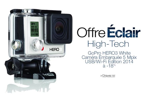 Offre éclair : -18% sur la GoPro HERO3 White (EDITION 2014) Caméra Embarquée 5 Mpix USB Wi-Fi