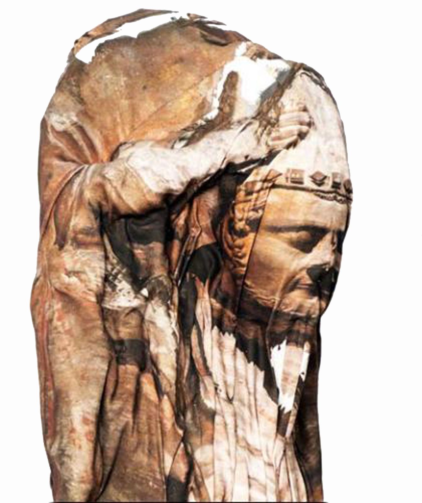 Saint Firmin tenant sa tête, 2015. de Clément Valla. Sculpture, impression numérique sur lin et impression 3D. 28 x 18 x 90 cm - Courtesy XPO Gallery