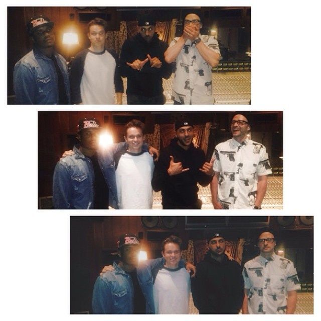 Justin en studio avec Rob Knox, Eric Hudson et John Lindahl