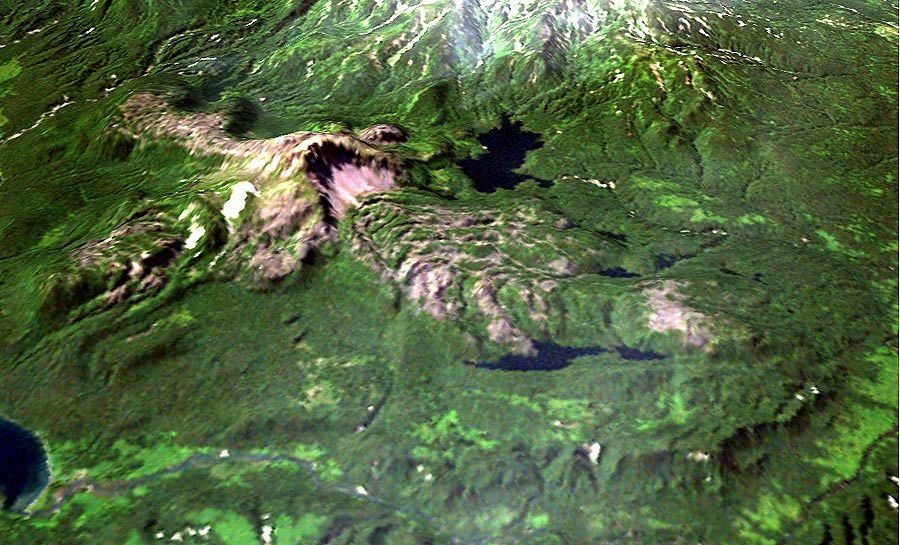 Diky Greben - Mt Nepriyatnaya and his flows - Landsat 7 image of Dikii Greben ' volcano draped over a digital elevation model . Processed by Dmitry Melnikov .