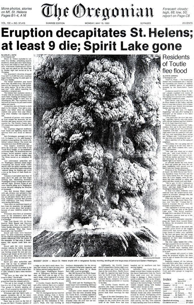 "La Une" du journal The Oregonian du 19.05.1980, au lendemain de l'éruption  - doc. archives The Oregonian