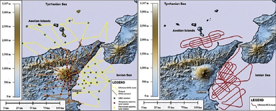 " Tomo -Etna " - left, location of seismic stations - right , trips planned for oceanographic studies - doc . INGV Catania / via iEtna