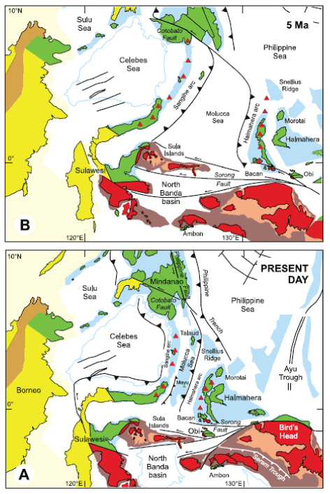Tectonics of the Sulawesi-Maluku region:  Sangihe and Halmahera volcanic arc characterize a double subduction of oceanic microplate of the Mollucas. A: current situation - B: Situation there are 5 Ma - Doc Hall / 2000 / geology.um.maine.edu
