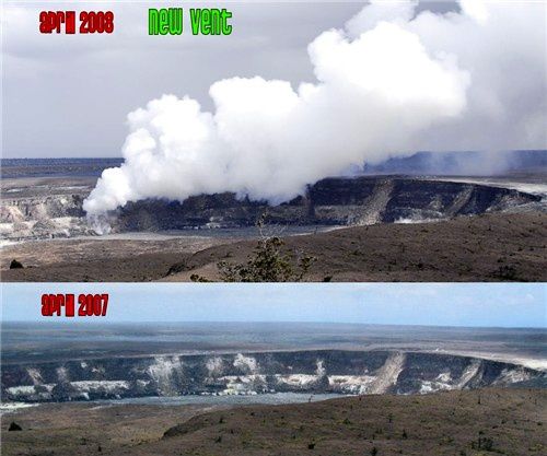 Kilauea / Halema'uma'u  - Avril 2007, avant & avril 2008, après ouverture de l'Overlook crater - photos HVO