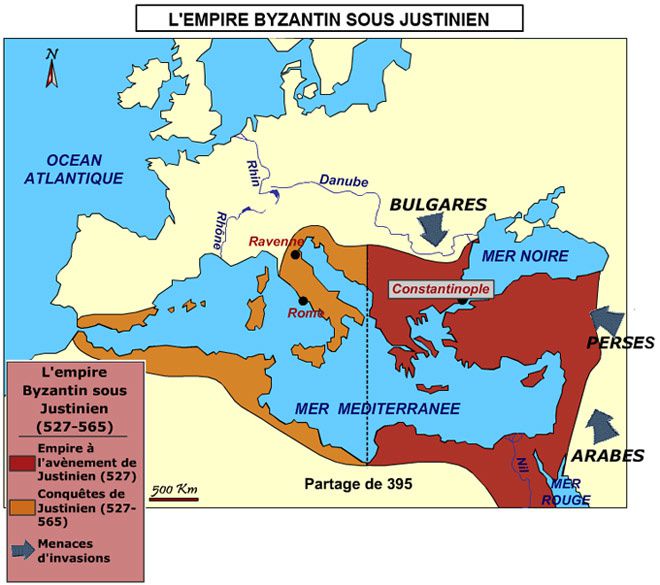 The Byzantine Empire under Justinian - doc histocollège - and the areas of The "Plague of Justinian"
