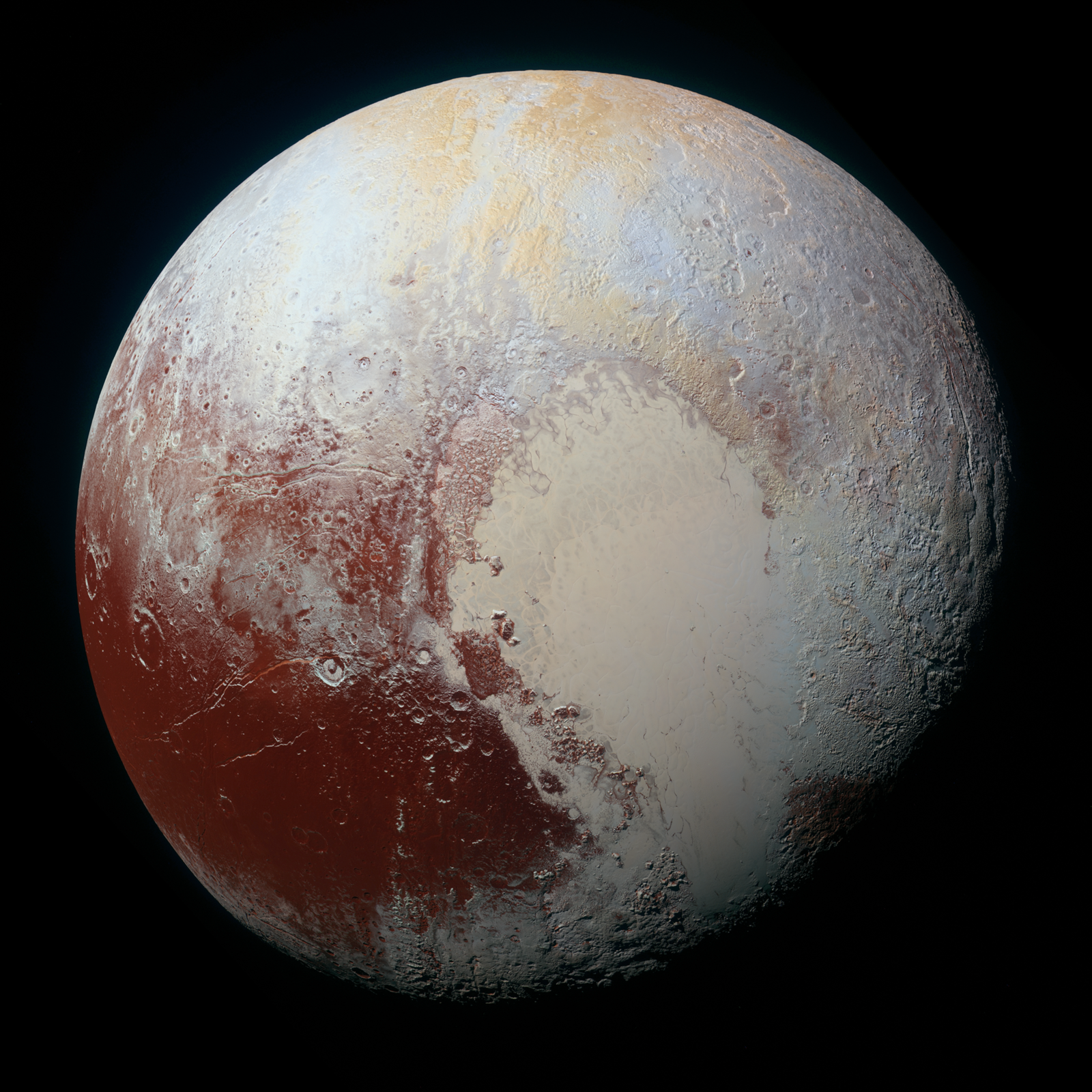 Pluton vu par la sonde spatiale New horizons le 14 juillet 2015 - doc.NASA / Johns Hopkins University Applied Physics Laboratory / Southwest Research Institute - PLUTO - NEW HORIZONS - July 14, 2015 ORIGINAL IMAGE DESCRIPTION: Four images from New Horizons’ Long Range Reconnaissance Imager (LORRI) were combined with color data from the Ralph instrument to create this global view of Pluto. (The lower right edge of Pluto in this view currently lacks high-resolution color coverage.) The images, taken when the spacecraft was 280,000 miles (450,000 kilometers) away, show features as small as 1.4 miles (2.2 kilometers), twice the resolution of the single-image view taken on July 13 [2015].