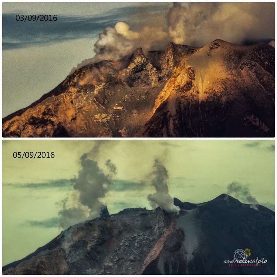Sinabung - évolution du sommet entre le 3 et le 5.09.2016 - photo Endro Lewa