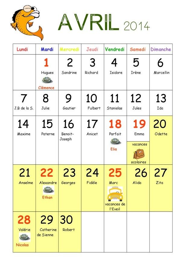 calendrier d'avril 2014 
