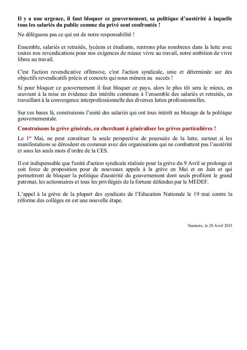 Adresse de l'UD CGT du 92 aux salariés du département