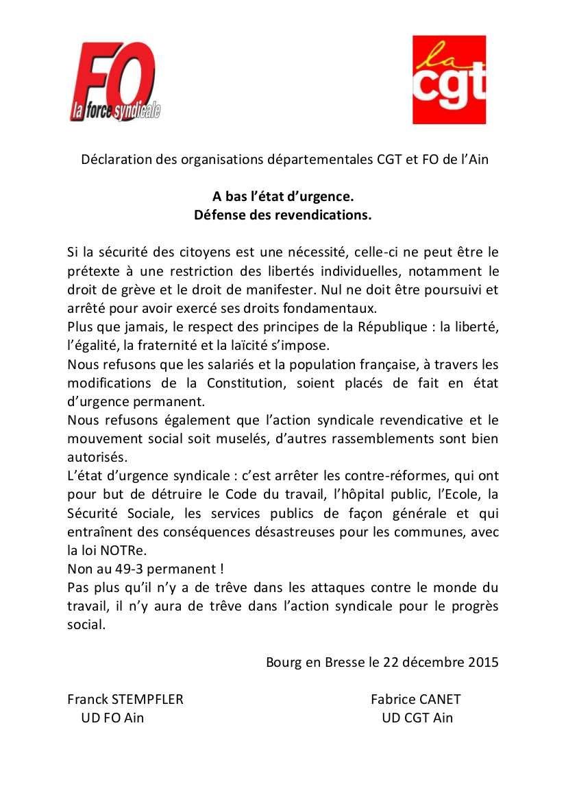 UD CGT et FO de l'Ain : NON à l'état d'urgence!