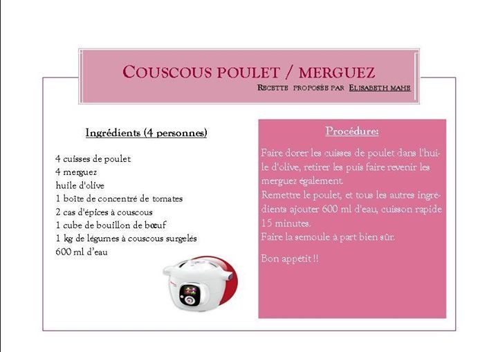 Plat : couscous poulet/merguez - Mes recettes Cookeo