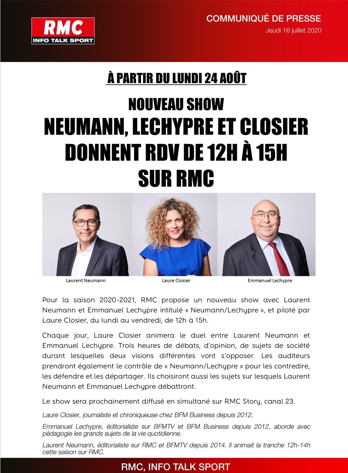 Neumann/Lechypre » dès le 24 août sur RMC & Éric Brunet sur LCI  (communiqués). - LeBlogTVNews