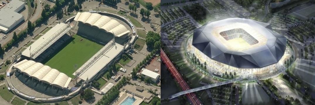 Le Stade de Gerland, abritant l’OL depuis plus de 90 ans, et le futur Grand Stade où le club emménagera en 2016.