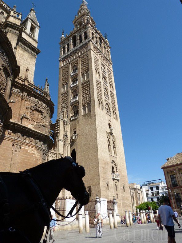 Giralda est le nom donné au clocher de la Cathédrale de Santa Maria de Séville. Les deux tiers inférieurs de la tour correspondent au minaret de l’ancienne grande mosquée de Séville qui se tenait à cet emplacement à l’époque almohade, alors que le tiers supérieur est un ajout réalisé à l’époque chrétienne pour accueillir les cloches. Au sommet se trouve une boule sur laquelle se trouve le « Giraldillo », une statue en bronze, la plus grande de l’époque renaissance en Europe, et qui fait office de girouette (d’où le nom de Giralda : girar en espagnol signifie tourner). Avec ses 97,5 mètres (101 mètres si inclus le Giraldillo), la Giralda fut la tour la plus haute d’Espagne durant des siècles, de même qu’un des édifices les plus célèbres d’Andalousie. En décembre 1928, elle fut déclarée Patrimoine National et en 1987, intégrée à la liste du Patrimoine de l’Humanité de l’Unesco.