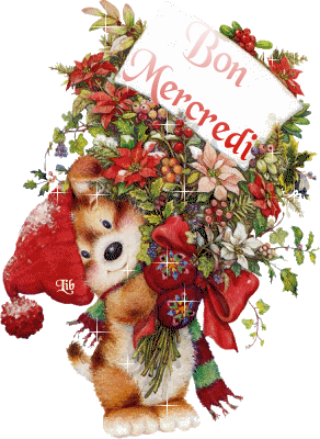 Bon mercredi - Ourson - Fleurs - Bouquet - Noël 2015 - Gif scintillant -  Gratuit - Le Monde des Gifs