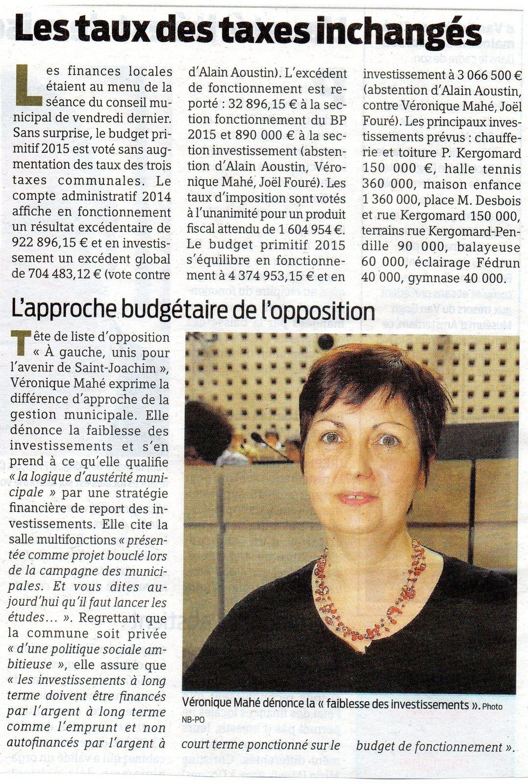 Saint Joachim : budget 2015 - groupe "A gauche, unis pour l'avenir de Saint Joachim"