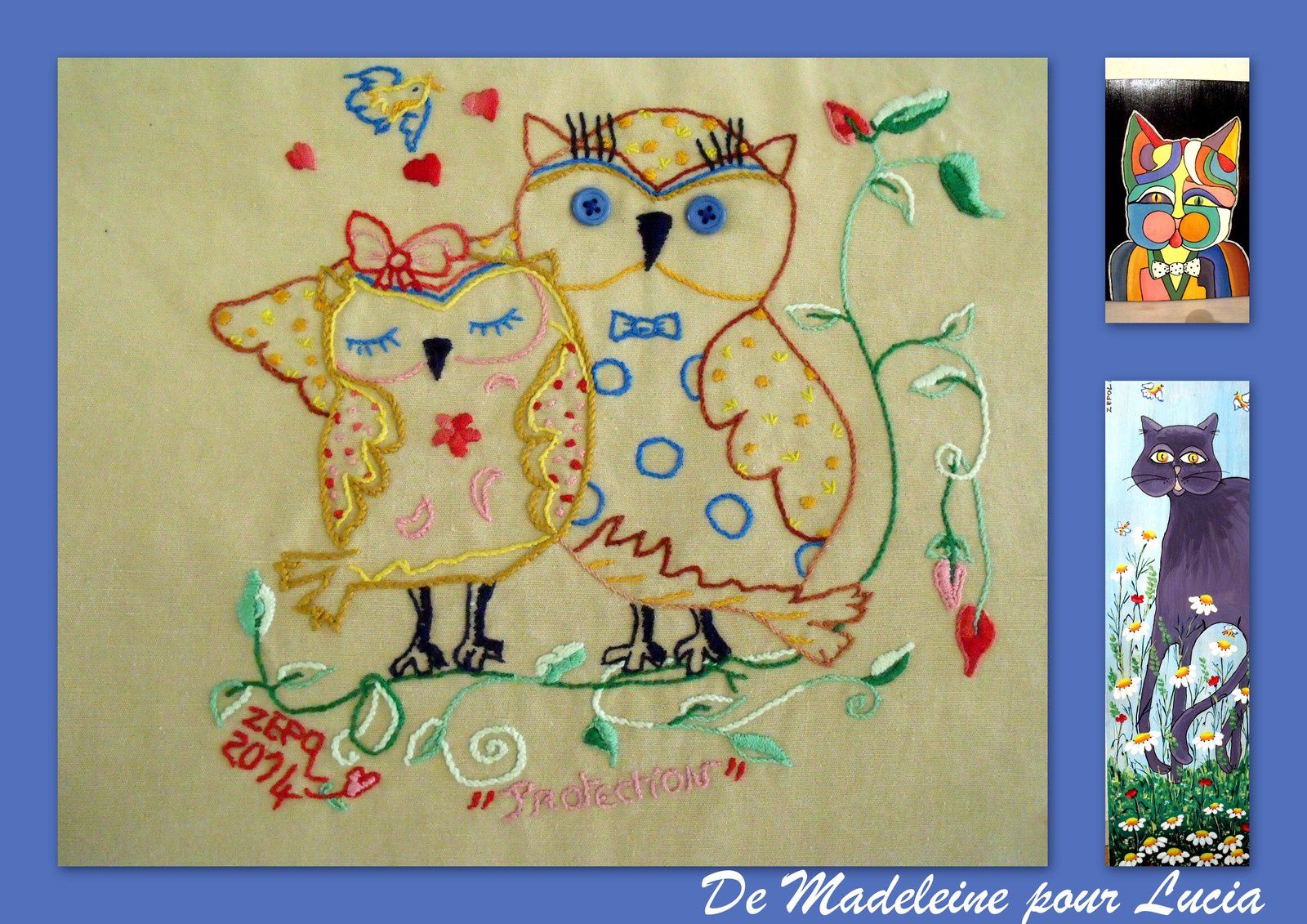 39°) Deux tableaux chats et un tableau brodé chouettes par Madeleine