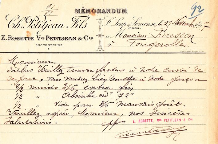 On notera sur ce Mémorandum de 1897 qu'une commande d'un demi muid d'absinthe est passée à la distillerie Bresson de Fougerolles. Le muid était une futaille de taille variant selon les régions. En province, sa contenance allait de 270 à 700 litres. En Franche-Comté le muid était de 272,41 litres.Collection Delahaye. Don de Marcel Saire.