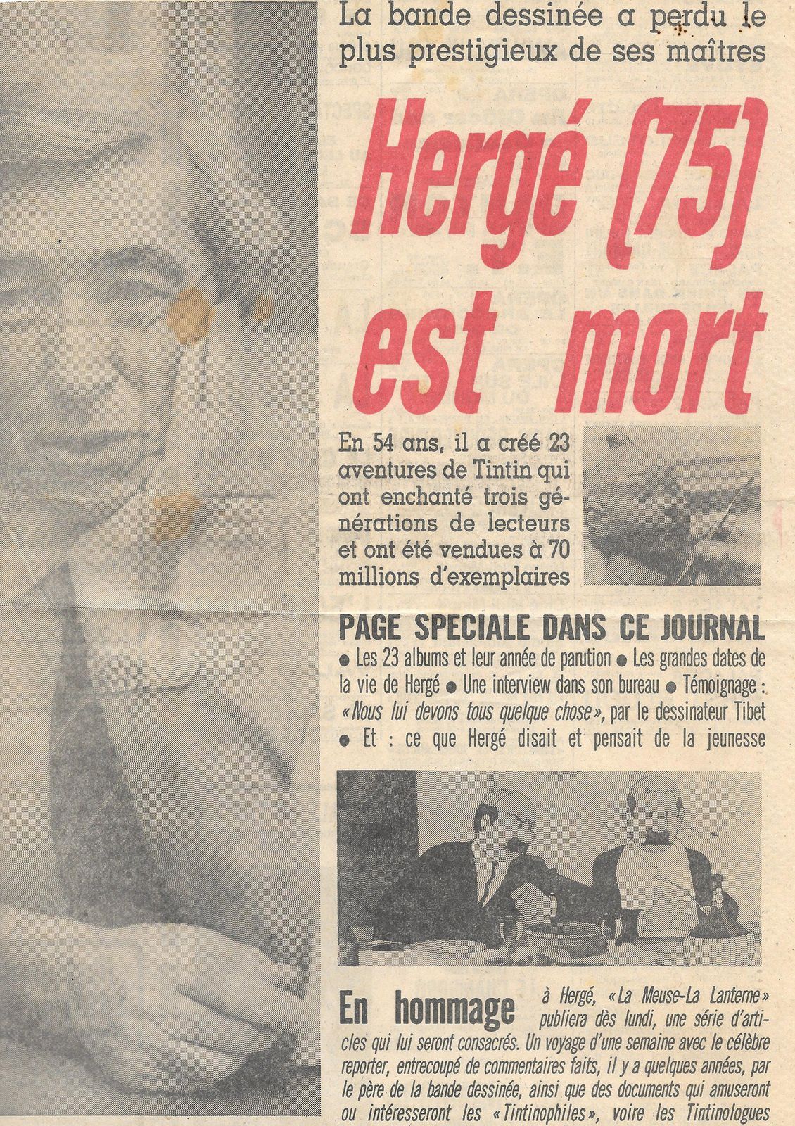 1983 - La presse belge annonce le décès d'Hergé, père de Tintin - Mon Blog  Passions BéDé