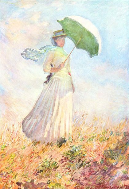 "Femme à l'ombrelle tournée vers la droite" (Claude Monet, 1886, huile sur toile, 131 x 88 cm ). La peinture du Musée d'Orsay représentant Suzanne Hoschedé (dont il existe aussi une version tournée vers la gauche) s'inscrit dans un ensemble de toiles du maître impressionniste sur le thème de la femme à l'ombrelle. 
