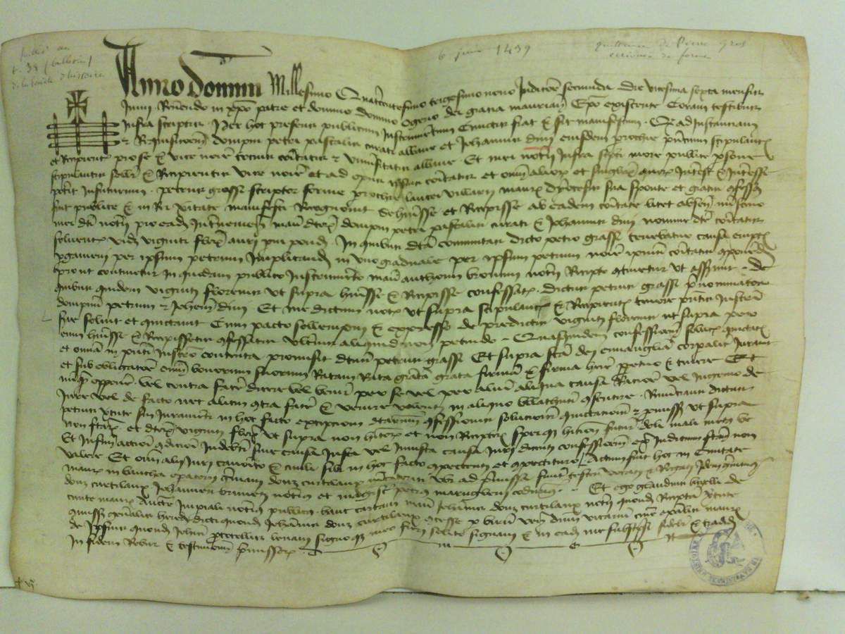 verso du  parchemin  concernant la quittance faite le 26 juin 1439, à Albane .