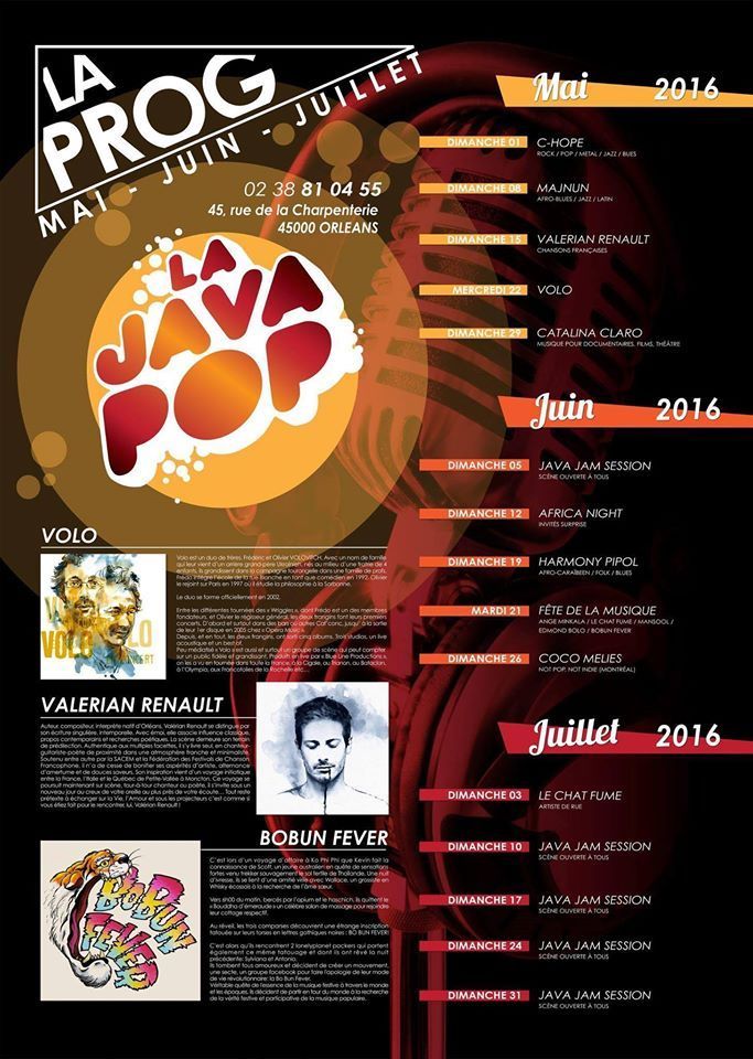 CONCERTS GRATUITS en mai juin juillet à la JAVA POP d'ORLEANS Participation au chapeau pour