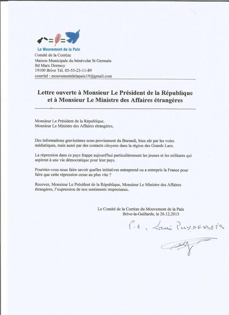 Le comité de la Corrèze du Mouvement de la Paix s'adresse aux autorités françaises sur la répression au Burundi et pour la création d'un couloir humanitaire à Kobané 