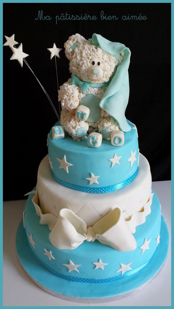 Gâteau baptême bleu et blanc ourson