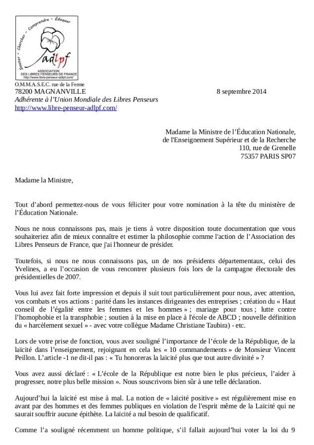 Lettre à Madame la Ministre de l’Éducation Nationale Association Des Libres Penseurs de France Lettre à Madame la Ministre de l’Éducation Nationale Association Des Libres Penseurs de France