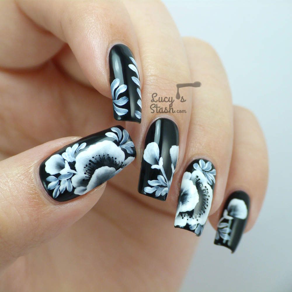Monochrome Floral One Stroke Nail Art feat. Nsi & Models Own