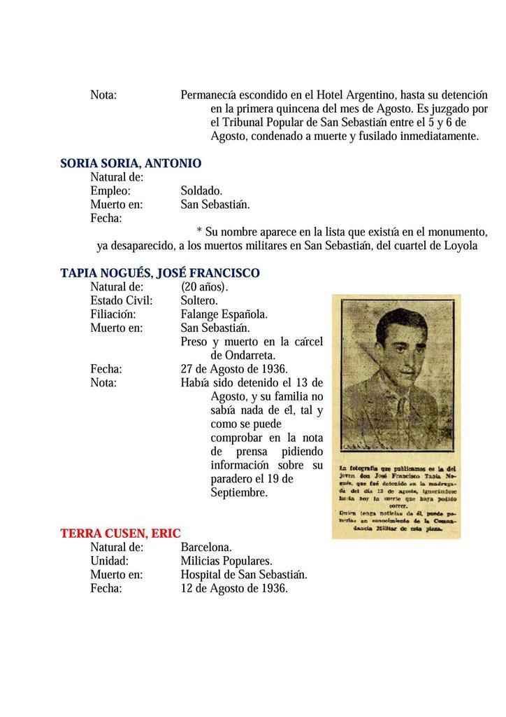 LISTADOS DE MUERTOS EN SAN SEBASTIAN DEL 18 DE JULIO AL 14 DE SEPTIEMBRE DE 1936.