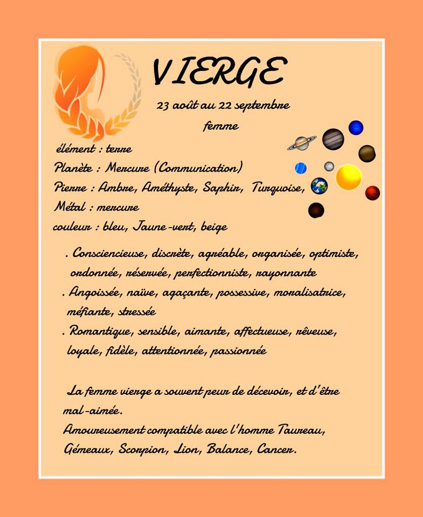 Cartes imprimables signes du zodiaque - femme - Vierge - Balades comtoises