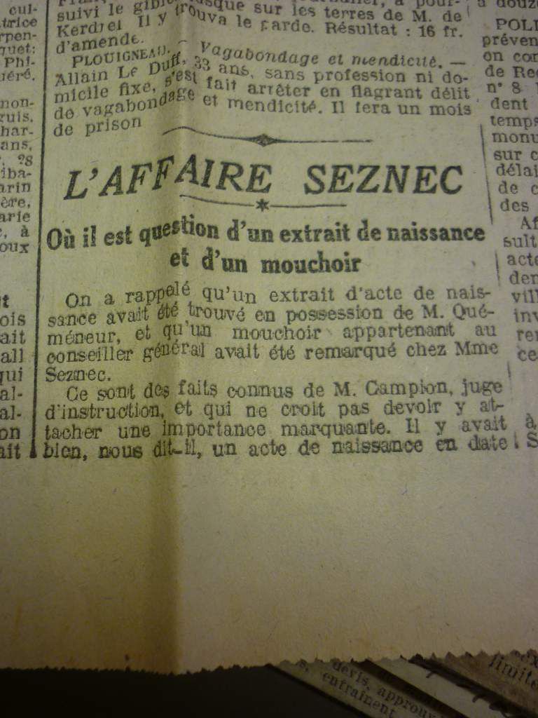 Le Petit Breton. L'affaire Seznec. Où il est question d'un extrait de naissance et d'un mouchoir.