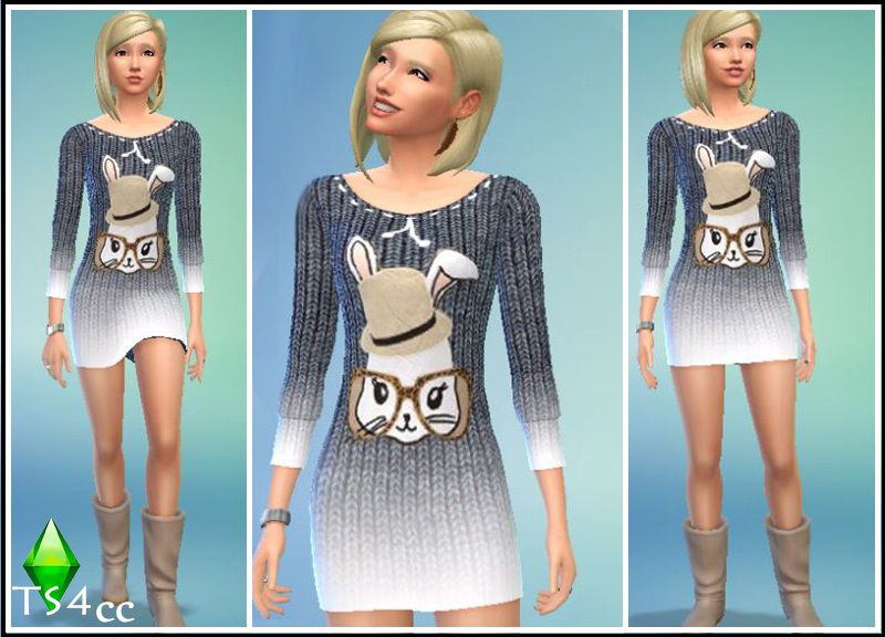 A cute dress  for your sims (TS4).I saw this cute bunny on the internet images and i couldn&#8217;t resist :). Sim  model in the image also created by me. Age category: Young adult ,female,full body.Tested in demo. DOWNLOAD Unzip the folder . The package file goes to:Documents/Electronic Arts/The sims 4 demo/Mods Do not copy or reupload my work as yours ,thanks for understanding. And of course reblog and like!:D