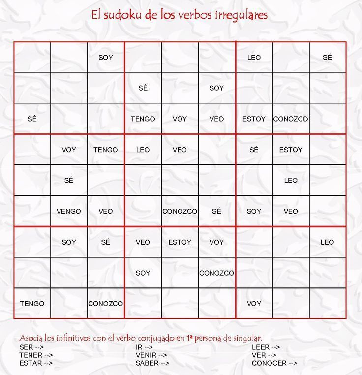 Sudoku des verbes irréguliers: présent de l'indicatif - Espagnol.hispania