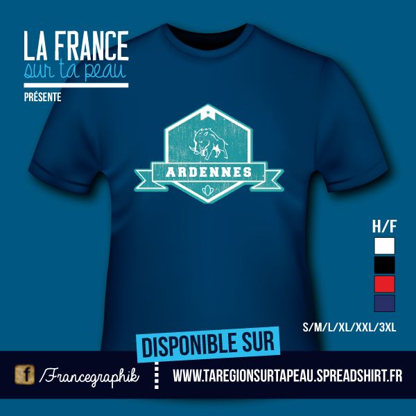 T-shirt: France - Champagne-Ardenne - Fanion - Sanglier des Ardennes - disponible en T-shirt, débardeur, sweatshirt, casquette, mug, tasse, sac, bag, badge, body, etc...