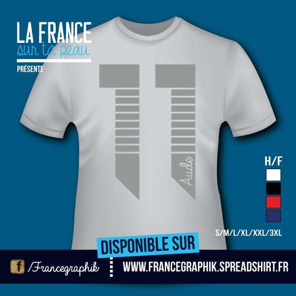 T-shirt: France - Languedoc-Roussillon - Aude - Département 11 - disponible en T-shirt, débardeur, sweatshirt, casquette, mug, tasse, sac, bag, badge, body, etc...