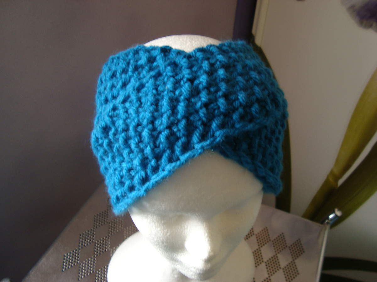 Bandeau Headband Cache-oreilles Turban croisé en laine point fantaisie bleu  canard - De fil en aiguille de maille en maille