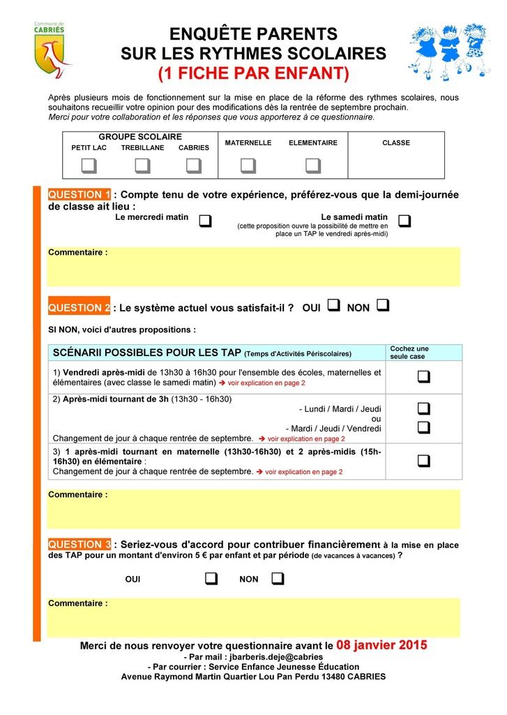 rythme scolaire questionnaire aux parents