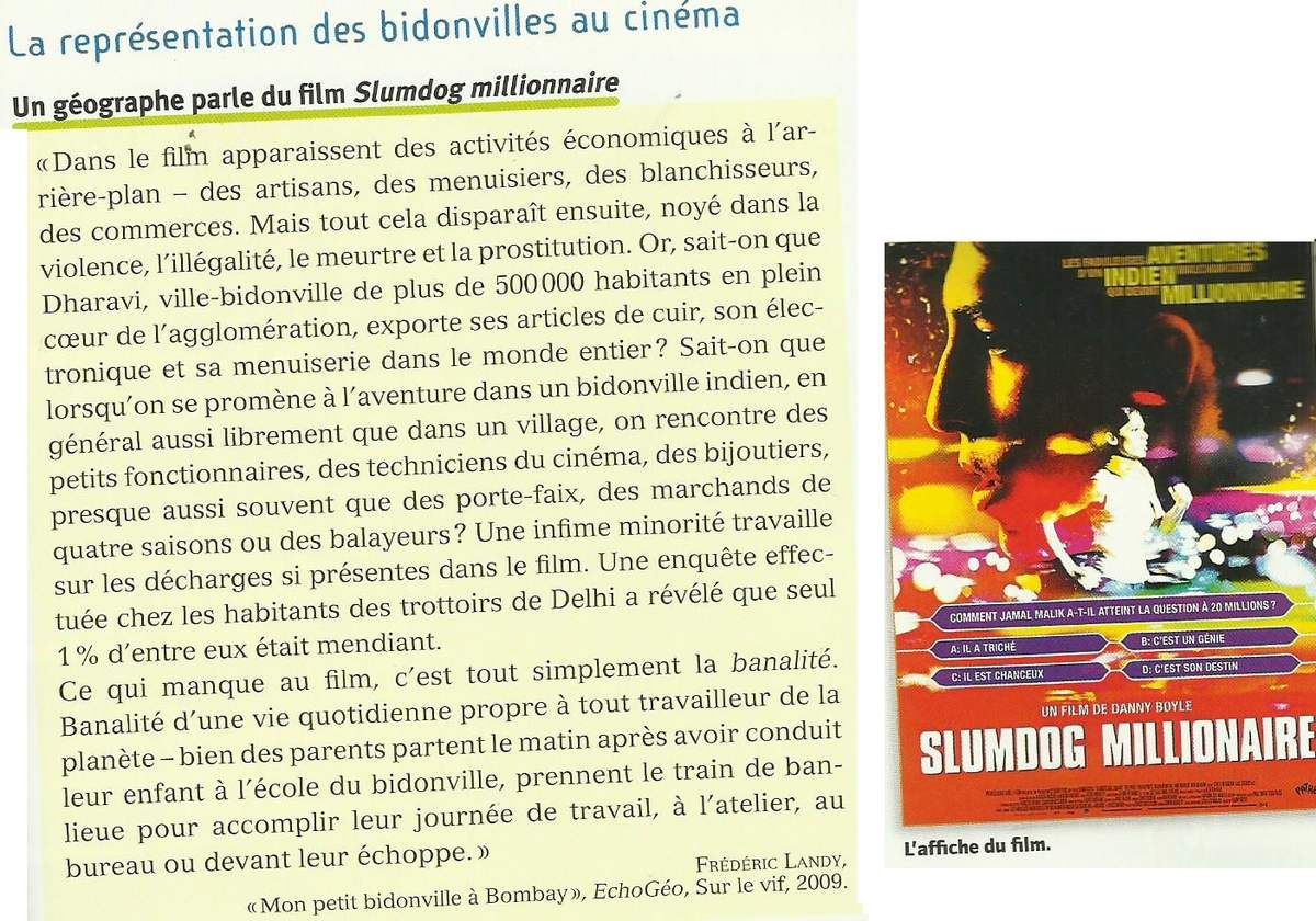 Geo seconde La representation des bidonvilles au cinema ex Slumdog Millionaire Histoire Geographie et ECJS au lycee