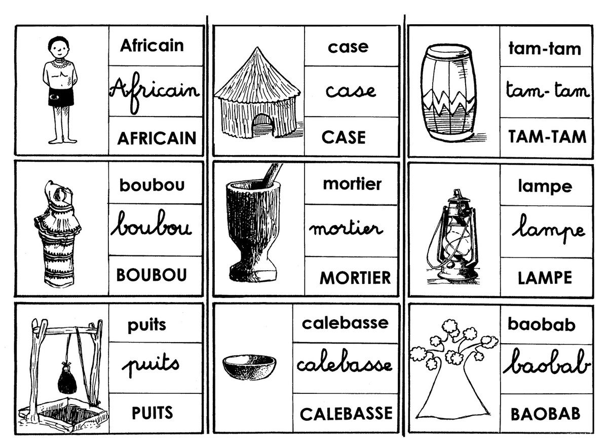 Lexique de 9 mots dans les 3 graphies Africain case tam tam boubou mortier lampe puits calebasse baobab lexique Afriquecx lexique Afrique