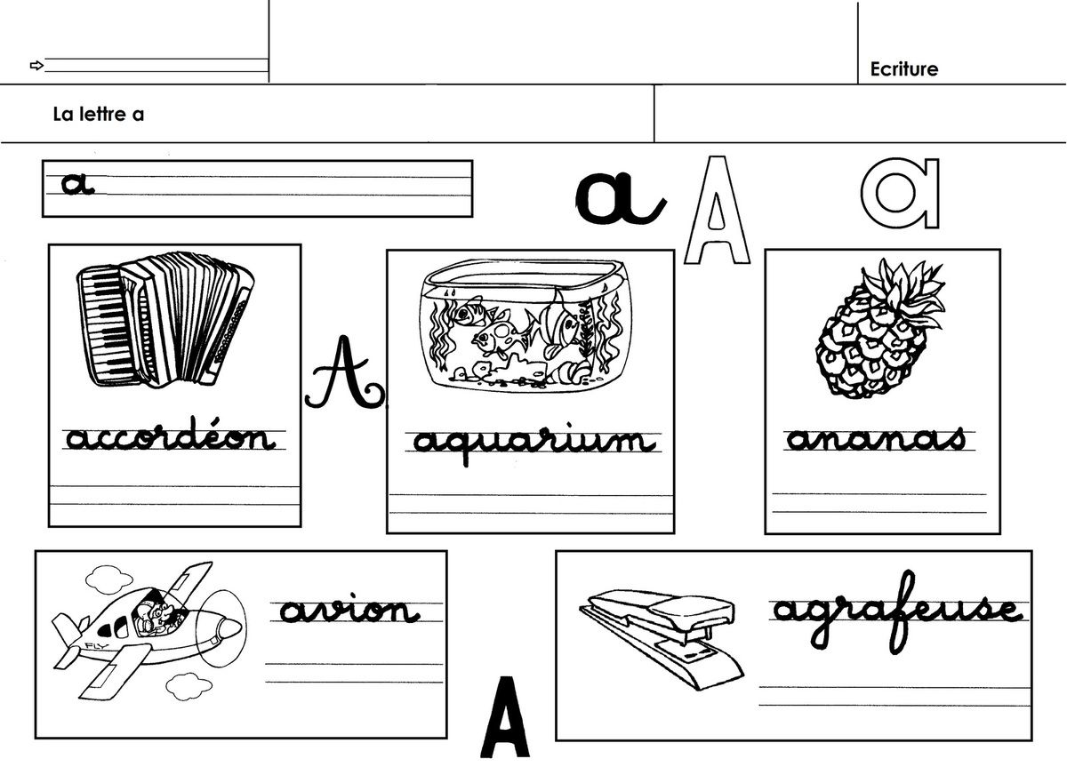 alphabet, écriture de mots commençant par la lettre a - école maternelle  Gellow