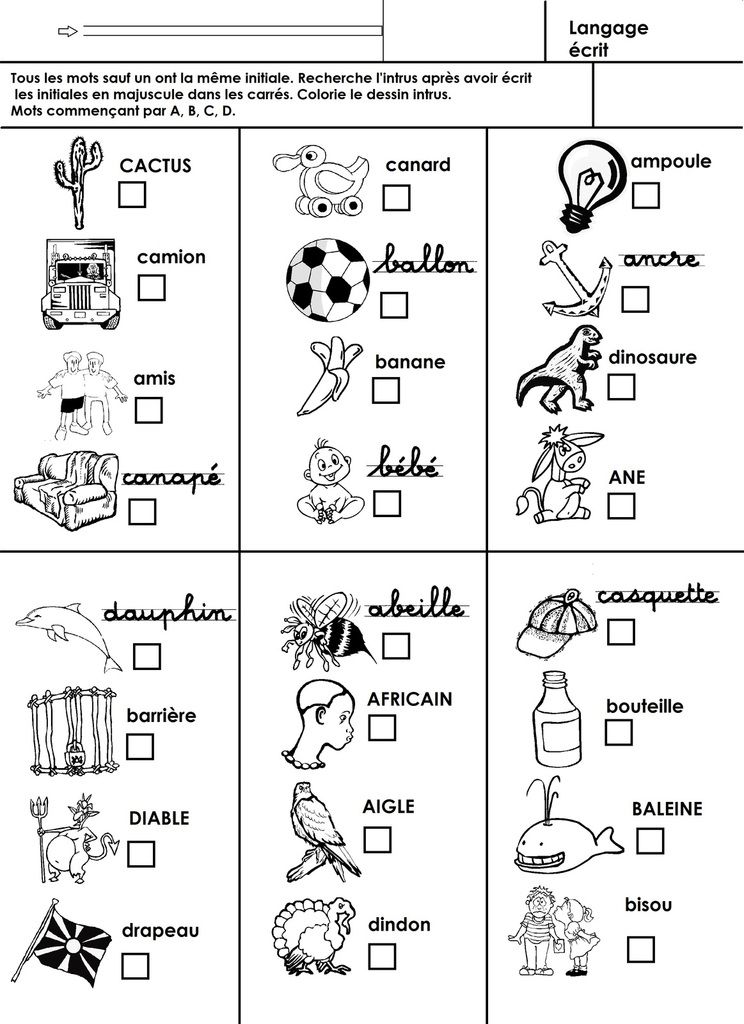 Alphabet, initiales des mots recherche de l'intrus N°2 école