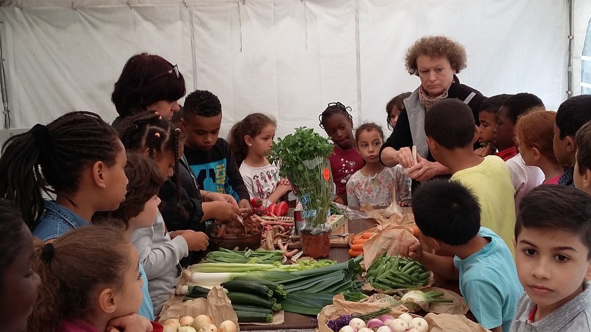 un grand bonheur et un petit chahut d'excitation au milieu de cette ribambelle de mioches qui venait surtout du grand ensemble aux balcons !treize légumes à éplucher,découper,émincer et cuire ! peut être un futur grand  chef en cuisine au verger aujourd’hui !Minestrone au pistou(excusez!!)et sablés au beurre de baratte cuits au four à bois , le tout dégusté le bol posé dans l'herbe !les poules ,les lapins et le compost ont été témoins avec les épluchures   22 juin premier jour d'été c'est déja un petit gout  de vacances aux vergers ! hum !!